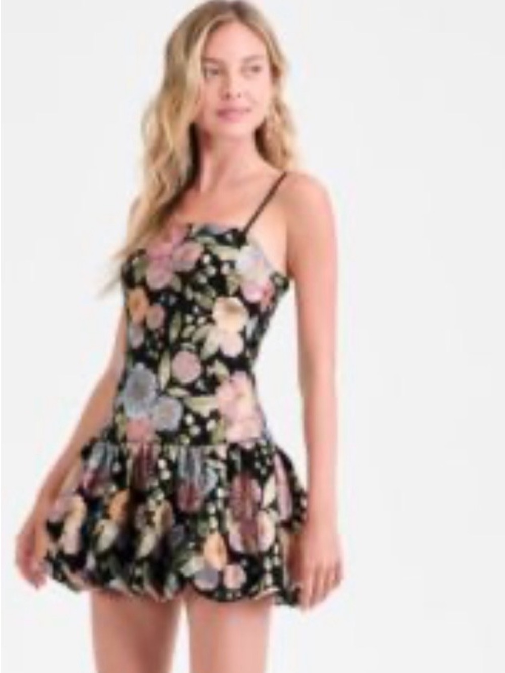Floral Black Mini Bubble Hem Dress